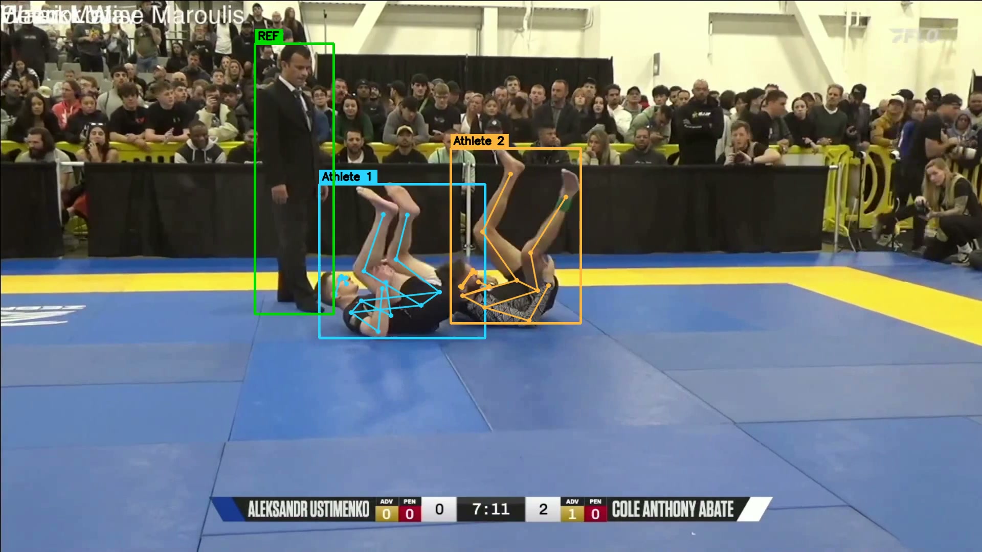 Submission finish, both athletes confidently tracked