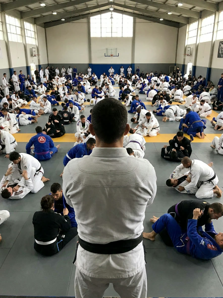 A master coaching in front of hundreds of practitioners on the mats