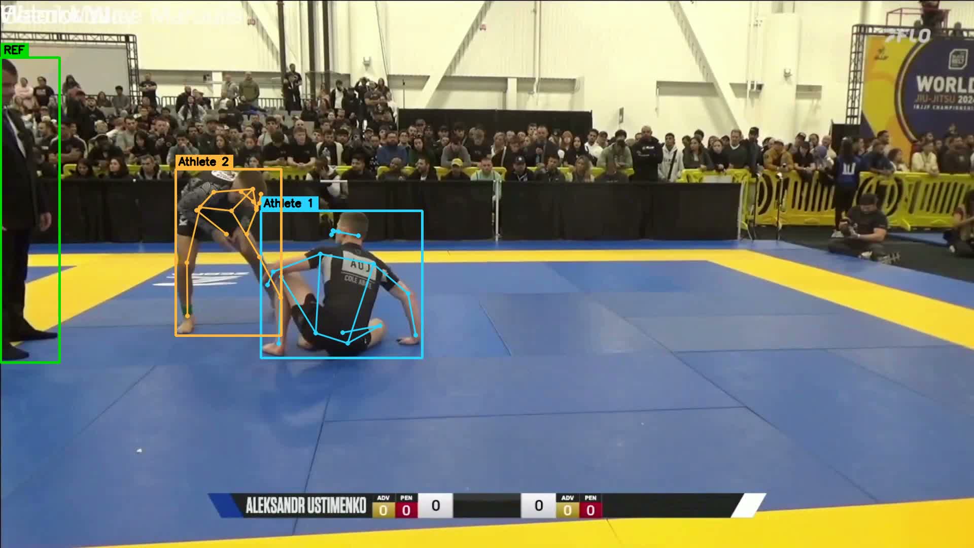 Textbook open guard, both athletes tracked